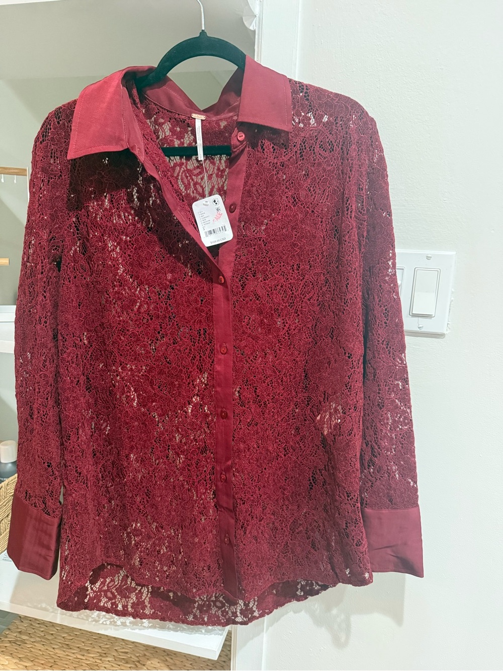 Free People Wine Lace Button-Down Shirt